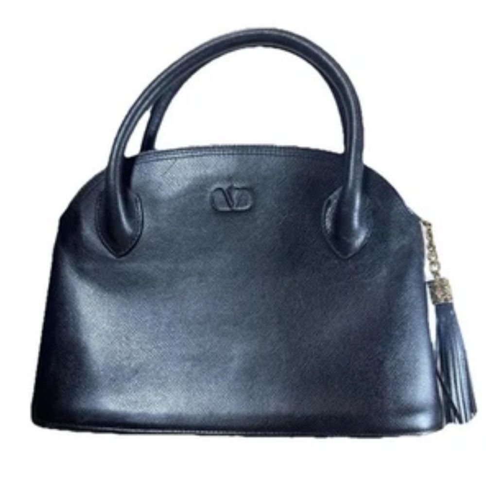 VALENTINO GARAVANI Black Saffiano Leather Bowler Dome Top Handle Bag Vtg Auth
